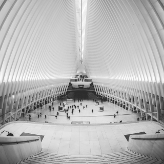 Black and white photo of architecture with people